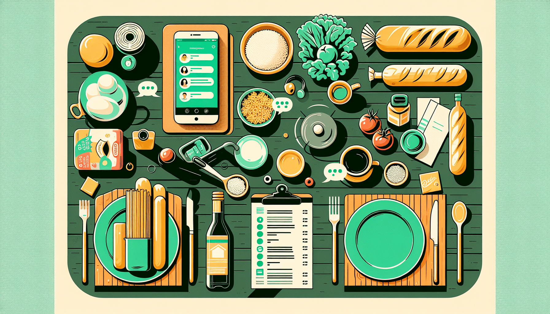 Tres roommates revisando juntos los tickets del súper sobre la mesa de la cocina, con bolsas y productos compartidos al lado.