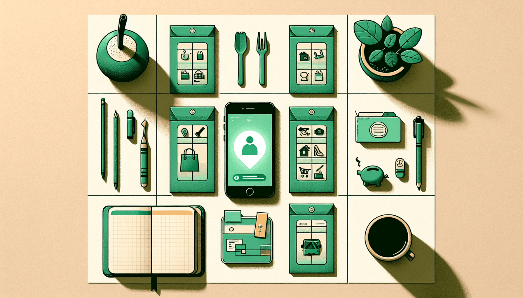 Ilustración cenital de un escritorio con seis sobres digitales etiquetados, una taza de mate y un teléfono con WhatsApp.